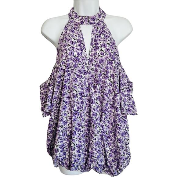 Bloomchic Floral Cold Shoulder Flutter Sleeve Blouse Purple White sz 10 NEW Tags - Picture 4 of 13